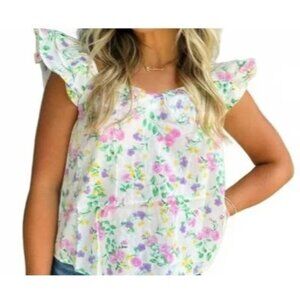 Blu Pepper Blouse Size Large Floral Sweetheart Neck Ruffle Sleeve Bohemian NEW